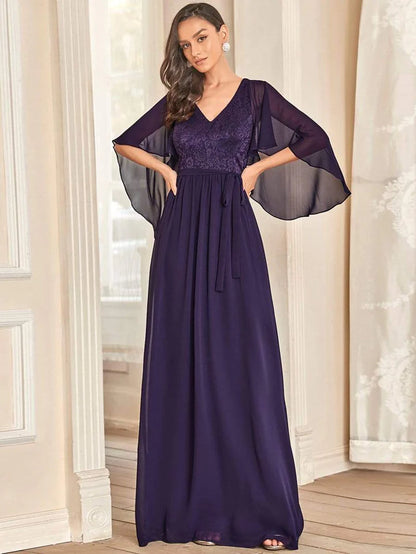 Dark Purple Deep V Neck Lace Bodice Long Flowy Evening Dress Chiffon Mother of the Bride Dresses