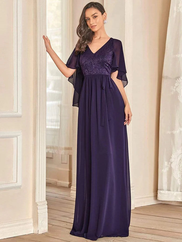 Dark Purple Deep V Neck Lace Bodice Long Flowy Evening Dress Chiffon Mother of the Bride Dresses