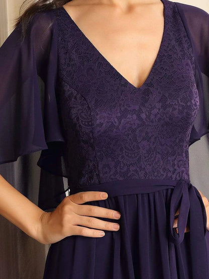 Dark Purple Deep V Neck Lace Bodice Long Flowy Evening Dress Chiffon Mother of the Bride Dresses