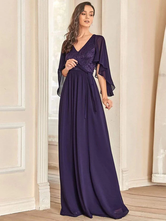 Dark Purple Deep V Neck Lace Bodice Long Flowy Evening Dress Chiffon Mother of the Bride Dresses