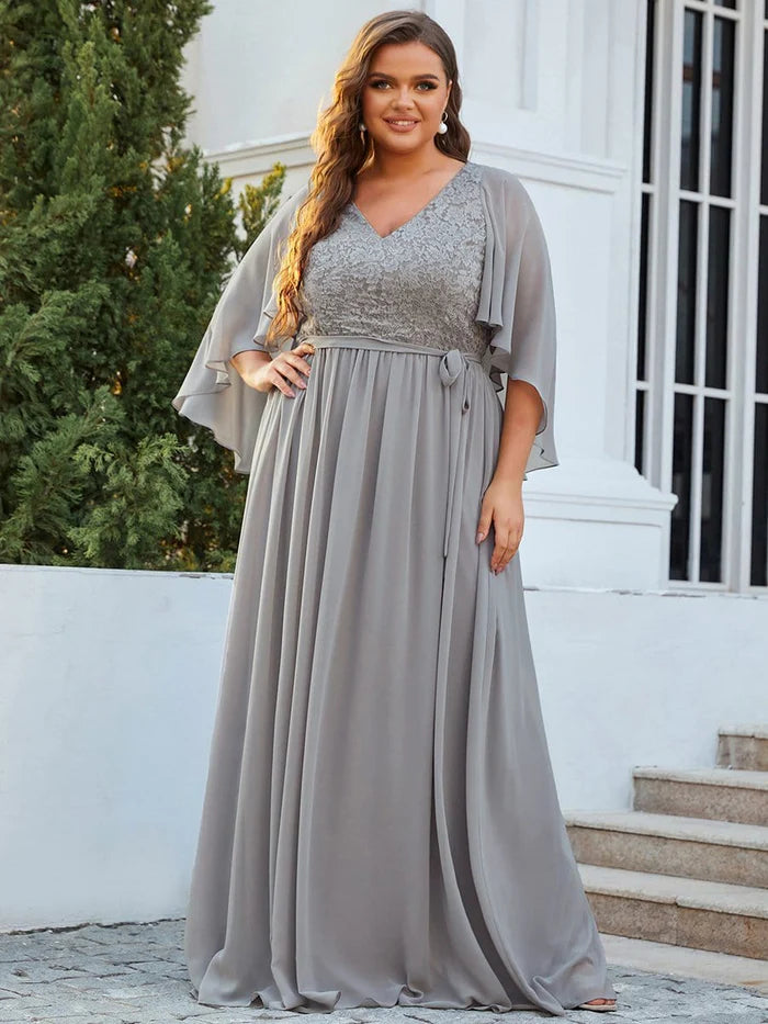 Grey Deep V Neck Lace Bodice Long Flowy Evening Dress Chiffon Mother of the Bride Dresses