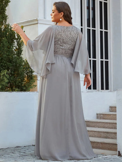 Grey Deep V Neck Lace Bodice Long Flowy Evening Dress Chiffon Mother of the Bride Dresses