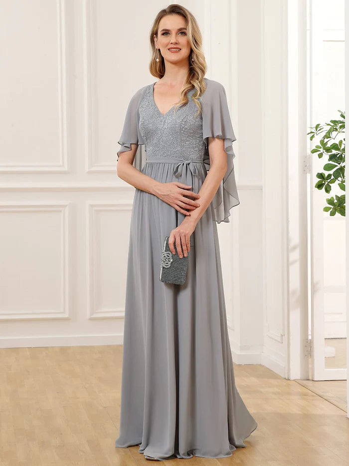 Grey Deep V Neck Lace Bodice Long Flowy Evening Dress Chiffon Mother of the Bride Dresses