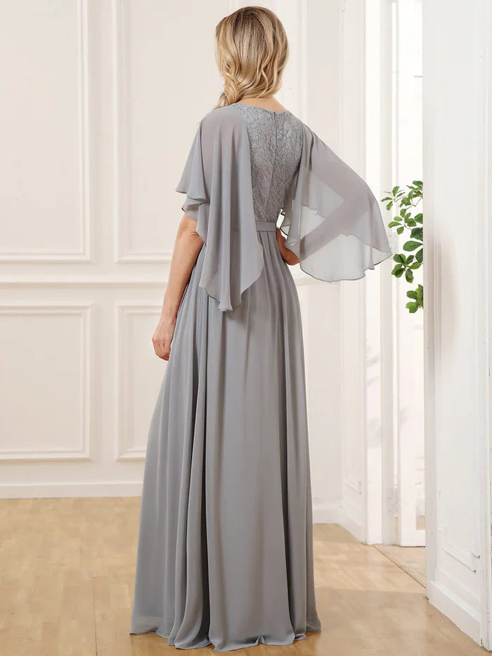 Grey Deep V Neck Lace Bodice Long Flowy Evening Dress Chiffon Mother of the Bride Dresses