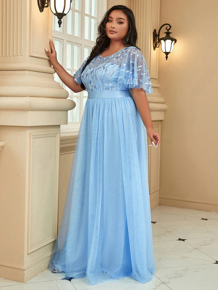 Plus Size Sequin Bodice Long Formal Evening Dresses Mother of the Bride Dresses