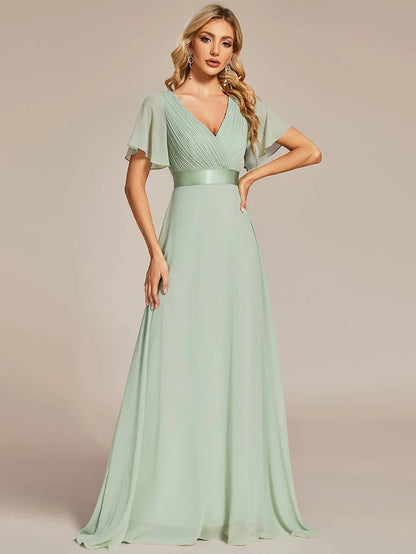 Long Chiffon Empire Waist Bridesmaid Dress with Short Flutter Sleeves