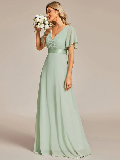 Long Chiffon Empire Waist Bridesmaid Dress with Short Flutter Sleeves