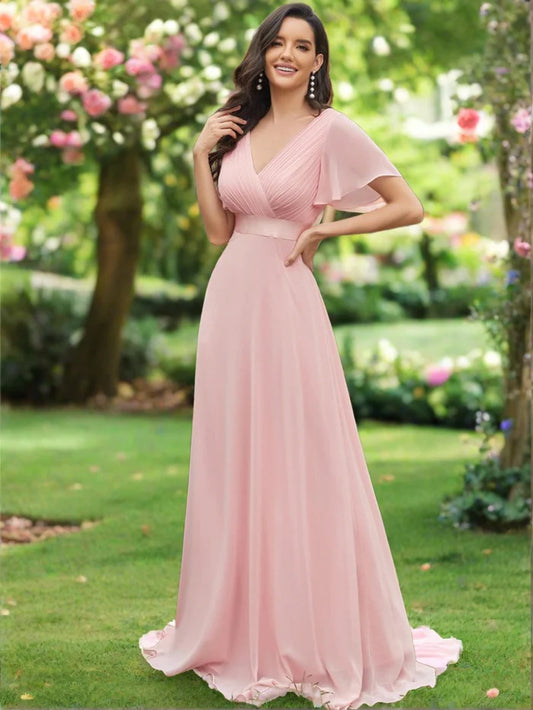 Long Chiffon Empire Waist Bridesmaid Dress with Short Flutter Sleeves