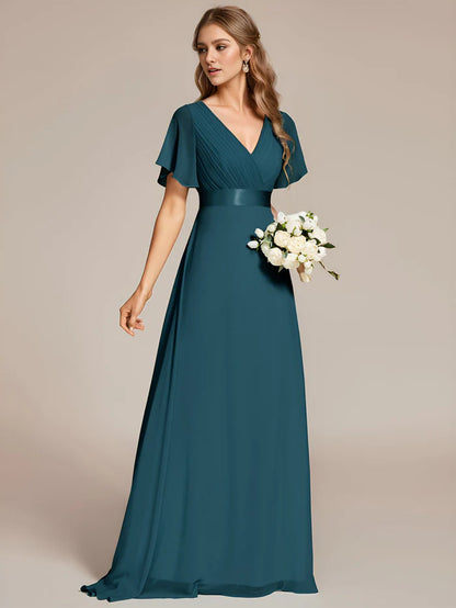 Long Chiffon Empire Waist Bridesmaid Dress with Short Flutter Sleeves