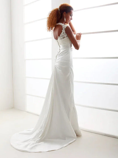 Wedding Dresses Scoop Neck Charmeuse Beaded Lace Cap Sleeve Simple Backless with Appliques