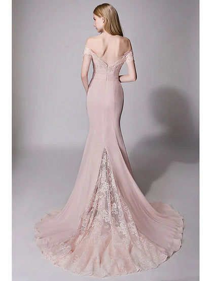 Sweetheart Neckline Court Train Chiffon Lace Bridesmaid Dress with Lace Sash Ribbon