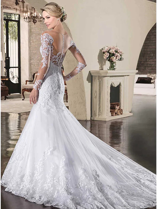 Wedding Dresses Bateau Neck Court Train Lace Tulle Lace Over Satin Long Sleeve Sexy See-Through Backless Illusion Sleeve with Appliques