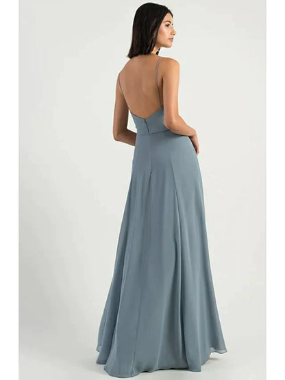 A-Line Spaghetti Strap Floor Length Chiffon Bridesmaid Dress with Split Front Open Back