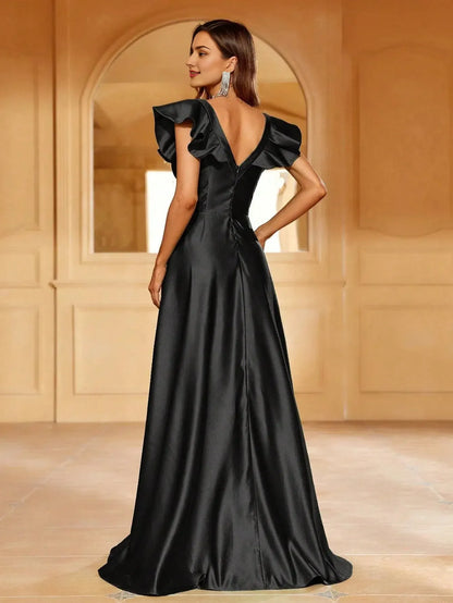 Evening Dresses For Women Elegant Ruffle Trim Plunging Neck Satin Formal Dress/ Elegant Long Evening Dresses