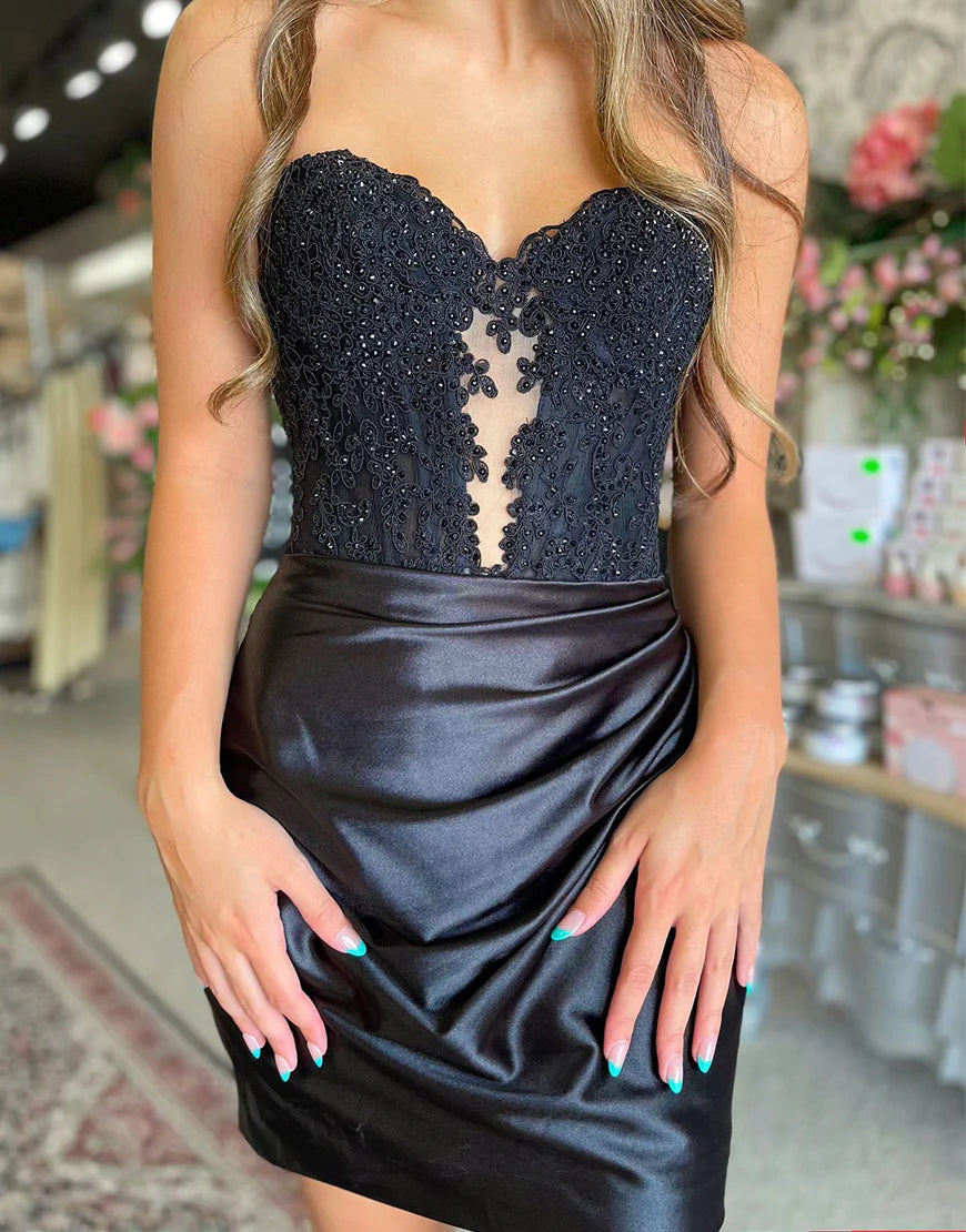 Sparkly Bodycon Strapless Hollow Out Homecoming Dress With Lace