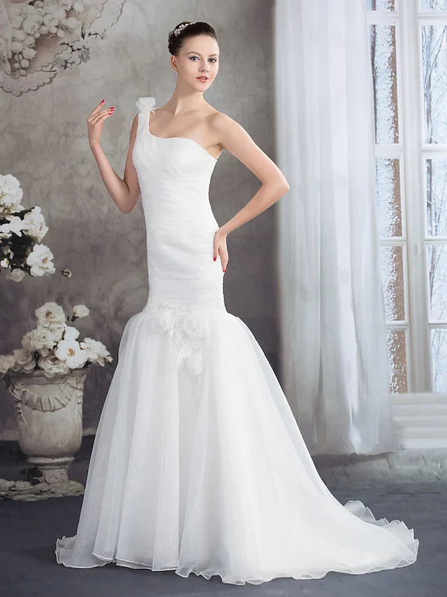 Wedding Dresses One Shoulder Court Train Organza Spaghetti Strap with Ruched Appliques