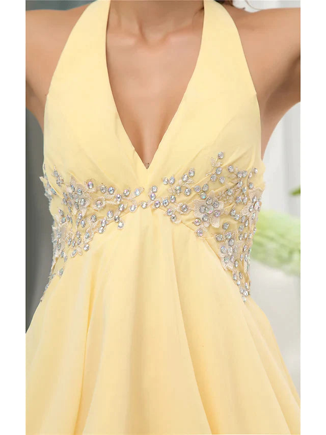 A-Line Elegant Party Wear Wedding Guest Cocktail Party Dress Halter Neck Sleeveless Short Mini Chiffon with Beading Tier