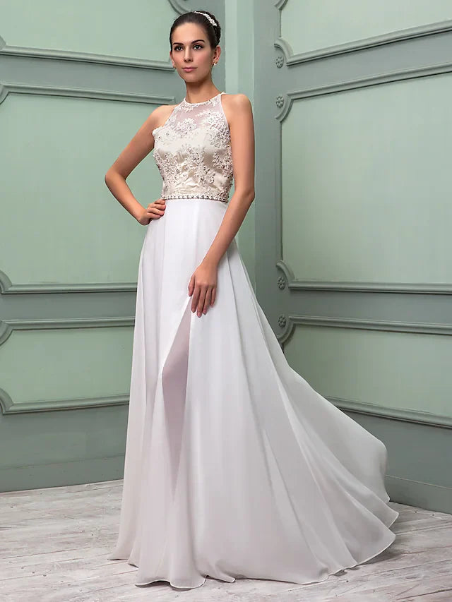 Wedding Dresses Jewel Neck Floor Length Chiffon Lace Regular Straps See-Through with Sash Ribbon Beading Split