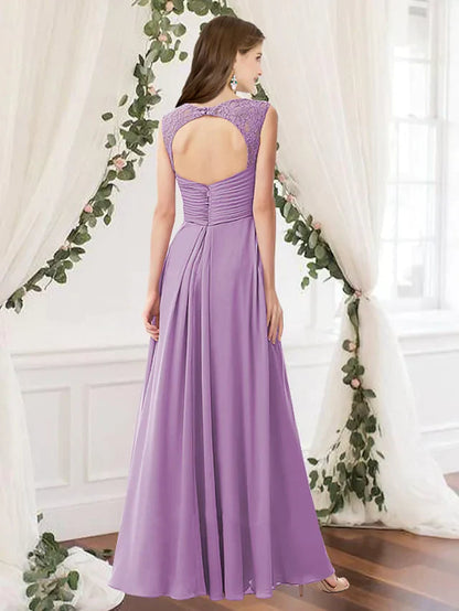 A-Line V Neck Floor Length Chiffon Bridesmaid Dress with Pleats Ruching