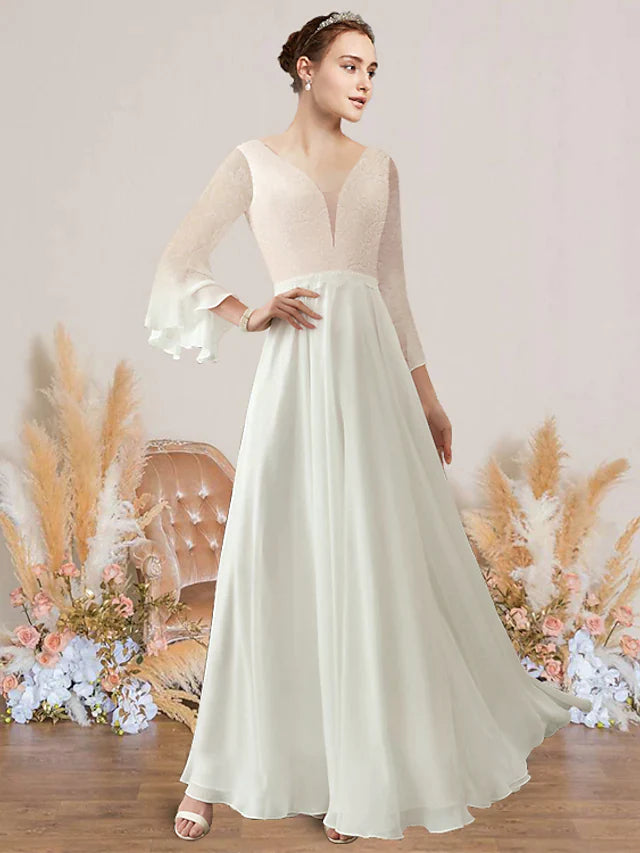 A-Line Wedding Dresses V Neck Floor Length Chiffon Lace Long Sleeve Romantic with Appliques