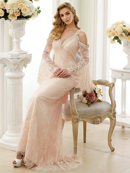 Wedding Dresses Plunging Neck Sheer Lace Long Sleeve Wedding Dress in Color Open Back Floral Lace with Bow(s) Crystals