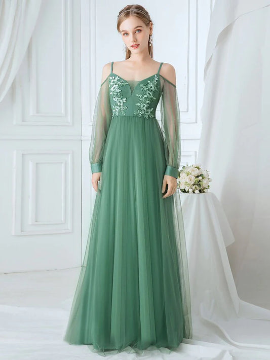 A-Line Spaghetti Strap Tulle Bridesmaid Dress with Appliques