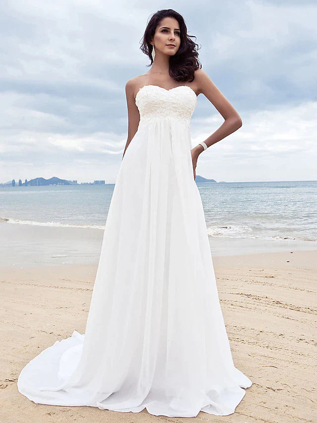 A-Line Wedding Dresses Sweetheart Neckline Court Train Chiffon Strapless Simple Beach Plus Size with Beading Appliques