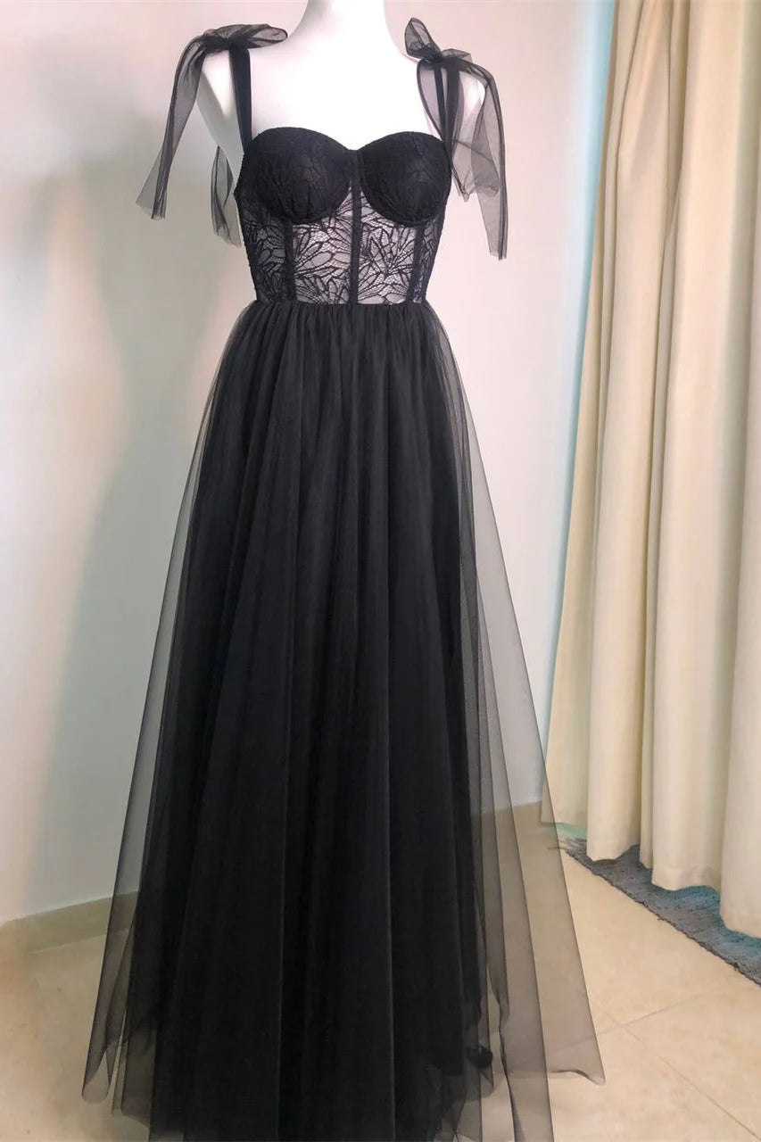 Formal Wear Dresses Off Shoulder Black Lace Corset Tulle A-line Long Prom Dress Stores With Prom Dresses