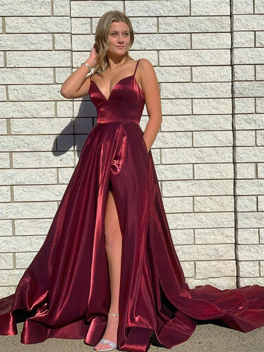 Formal Dresses A Line Spaghetti Strap Burgundy Satin Long Prom Dress With Slit / Prom Dresses Store