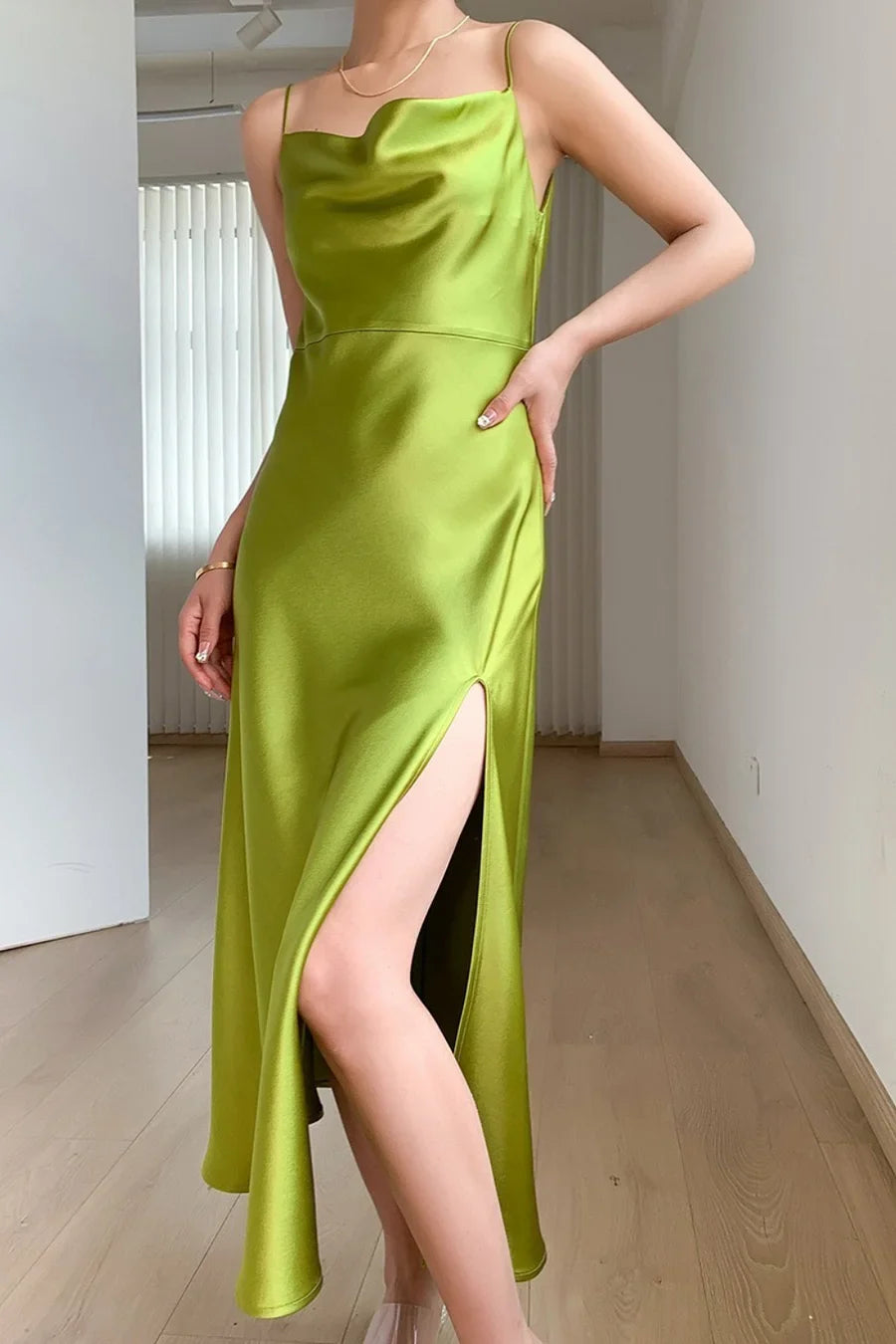 Formal Dresses Simple Spaghetti Strap Cowl Neck Satin Prom Evening Dress With Side Slit / Prom Dresses Store