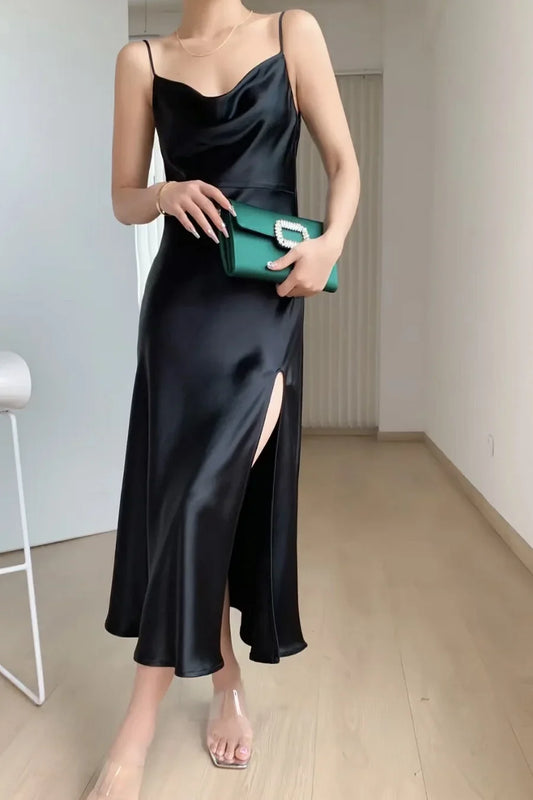 Formal Dresses Simple Spaghetti Strap Cowl Neck Satin Prom Evening Dress With Side Slit / Prom Dresses Store