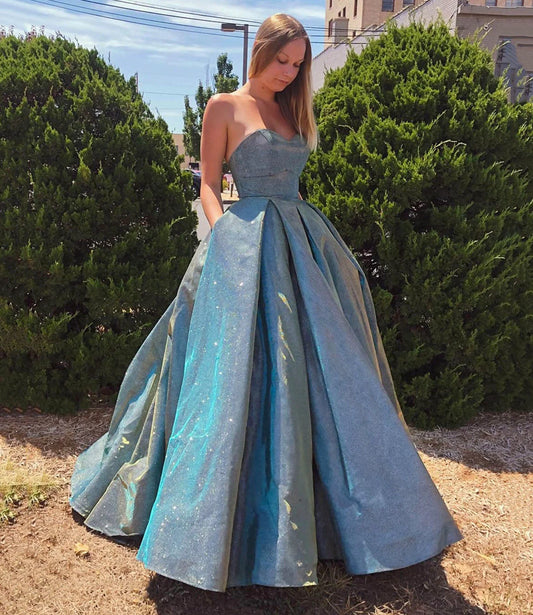 Formal Dresses Sparkly Sweetheart Blue Satin Long Ball Gown Dress Evening Gown / Prom Dresses Store