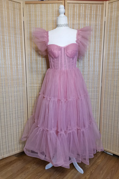 Formal Wear Dresses A-line Flare Sleeves Rose Pink Corset Princess Dress Prom Dress Stores With Prom Dresses