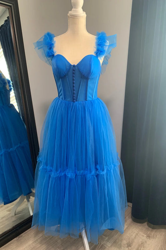 Formal Wear Dresses Blue Flare Straps Corset Tea Length Dress Prom Dress Stores With Prom Dresses