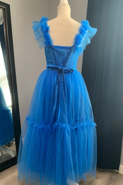 Formal Wear Dresses Blue Flare Straps Corset Tea Length Dress Prom Dress Stores With Prom Dresses