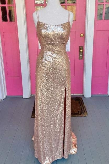 Formal Wear Dresses Champagne Sequin/Sheath Mermaid Long Formal Dress with Slit Prom Dress Stores With Prom Dresses