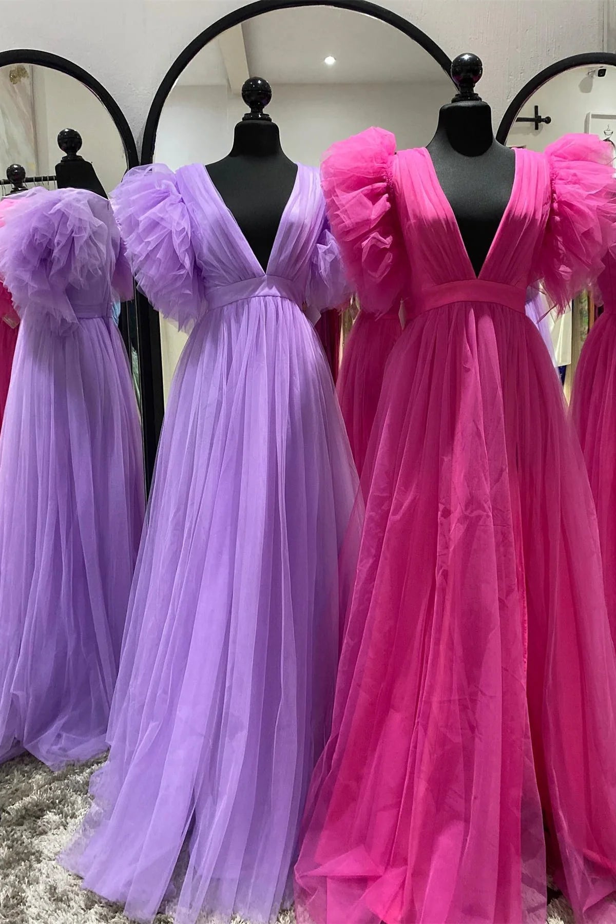 Formal Wear Dresses Deep V Neck Flare Sleeves Light Purple Tulle Long Formal Dress Prom Dress Stores With Prom Dresses