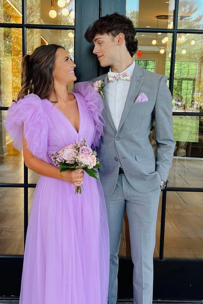 Formal Wear Dresses Deep V Neck Flare Sleeves Light Purple Tulle Long Formal Dress Prom Dress Stores With Prom Dresses