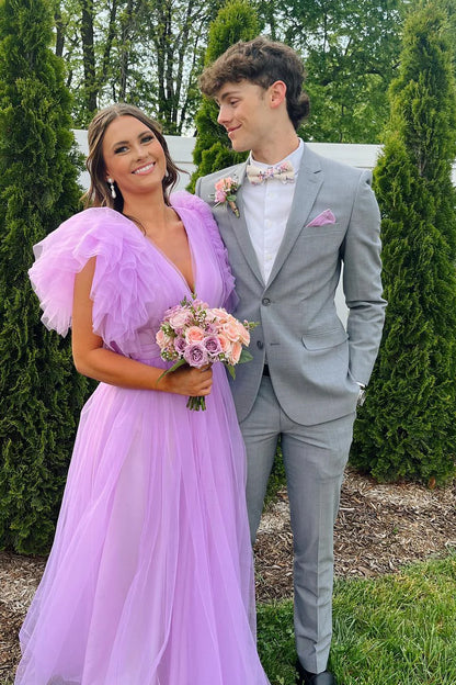 Formal Wear Dresses Deep V Neck Flare Sleeves Light Purple Tulle Long Formal Dress Prom Dress Stores With Prom Dresses