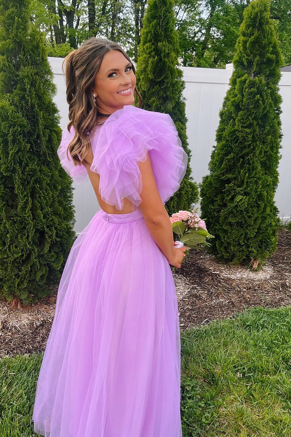 Formal Wear Dresses Deep V Neck Flare Sleeves Light Purple Tulle Long Formal Dress Prom Dress Stores With Prom Dresses