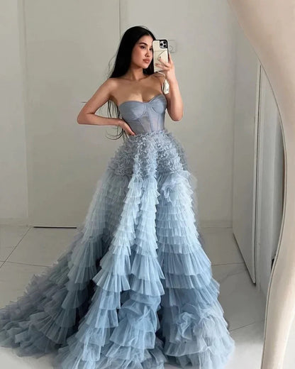 Formal Wear Dresses Light Blue Gorgeous A-line Sweetheart Layered Ruffle Tulle Long Ball Gown Evening Dress  Prom Dress Shop