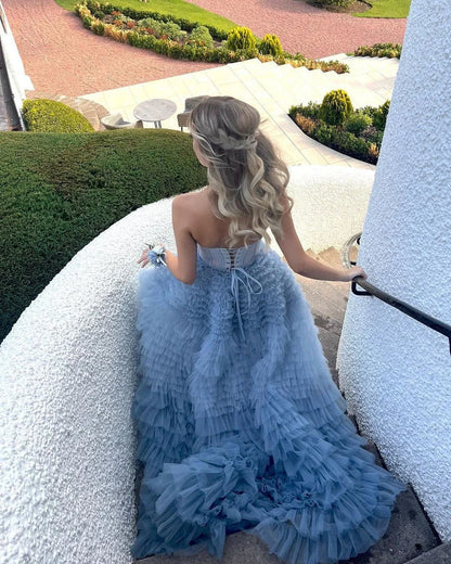 Formal Wear Dresses Light Blue Gorgeous A-line Sweetheart Layered Ruffle Tulle Long Ball Gown Evening Dress  Prom Dress Shop