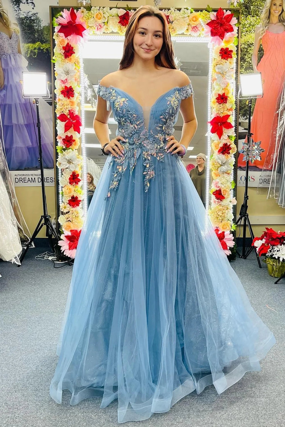 Formal Wear Dresses Off the Shoulder Blue Floral Appliques A-line Long Formal Dress Prom Dress Stores With Prom Dresses