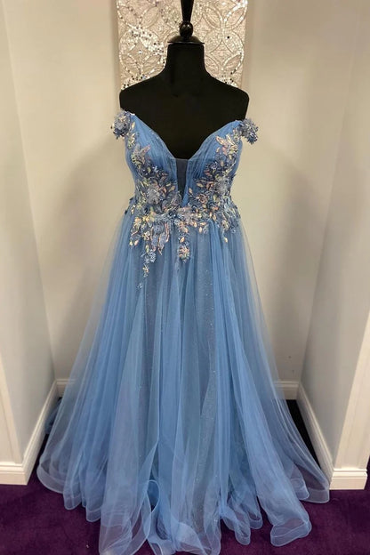 Formal Wear Dresses Off the Shoulder Blue Floral Appliques A-line Long Formal Dress Prom Dress Stores With Prom Dresses