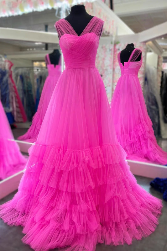 Formal Wear Dresses Sleeveless Cross Front Hot Pink Tulle A-line Long Prom Dress Stores With Prom Dresses