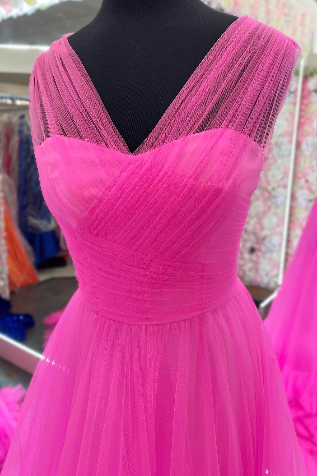 Formal Wear Dresses Sleeveless Cross Front Hot Pink Tulle A-line Long Prom Dress Stores With Prom Dresses