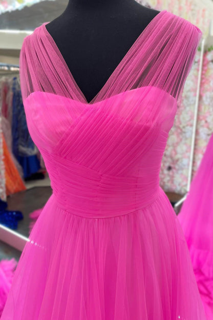 Formal Wear Dresses Sleeveless Cross Front Hot Pink Tulle A-line Long Prom Dress Stores With Prom Dresses