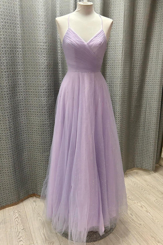 Formal Wear Dresses Sleeveless Spaghetti Straps Lavender Tulle Pleated Prom Dress Stores With Prom Dresses