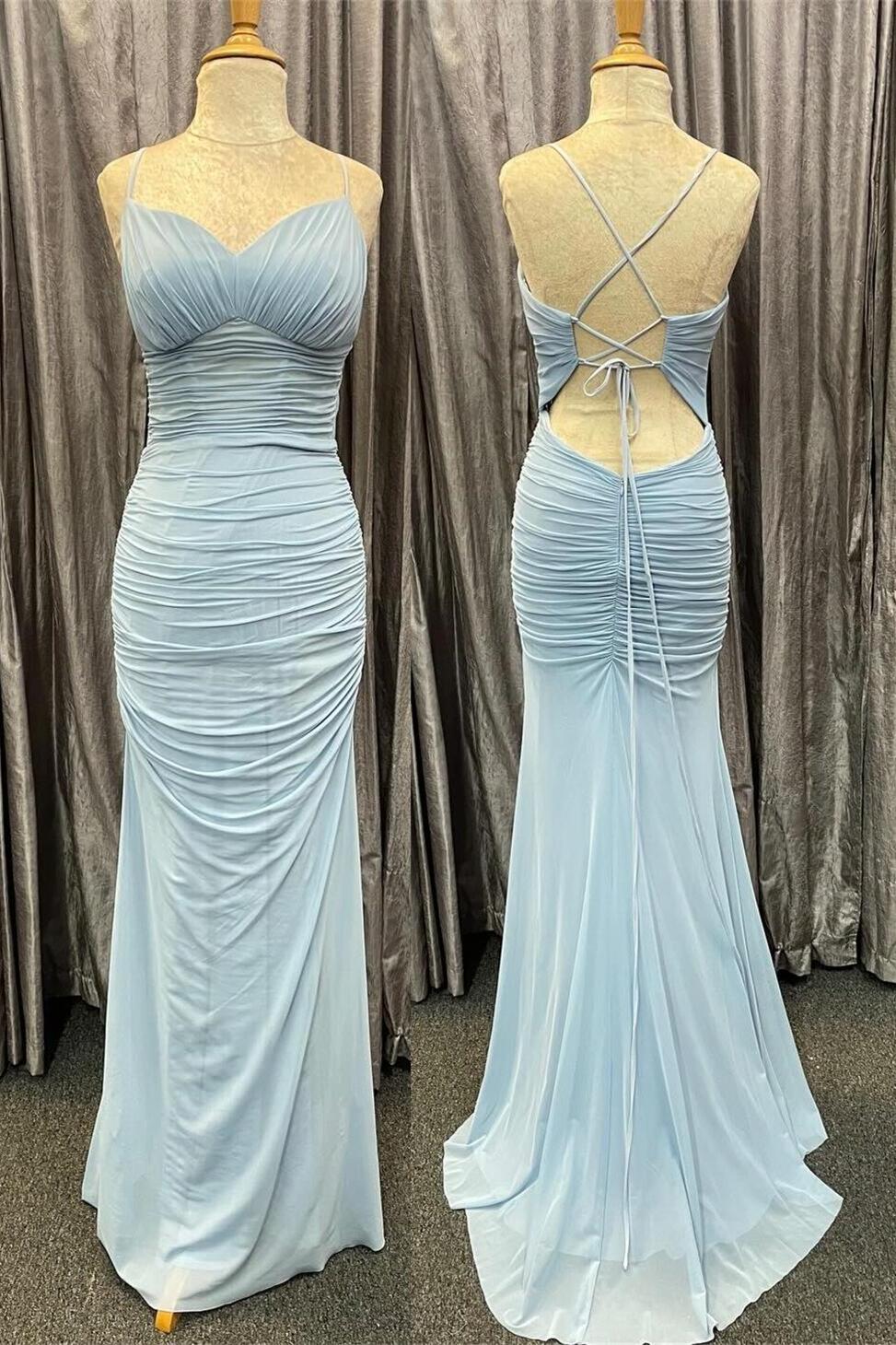 Formal Wear Dresses Spaghetti Straps Light Blue Pleated Mermaid Long Prom Dress Stores With Prom Dresses