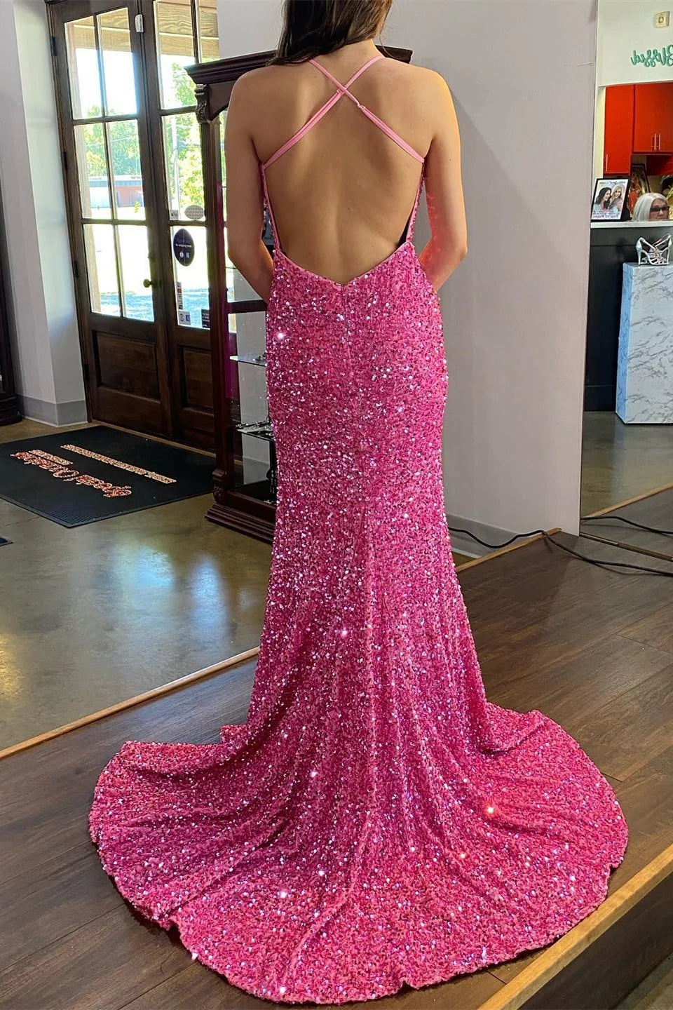 Formal Wear Dresses Spaghetti Straps Pink Sequin V Neck Mermaid Long Formal Dress Prom Dress Stores With Prom Dresses